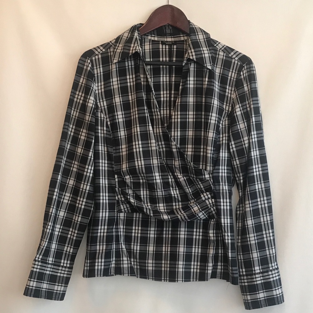 Talbot's plaid v neck collared blouse